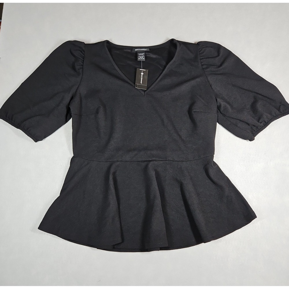 Ashley Stewart Womens Black Puff Sleeve Peplum Top Size 14/16 NWT